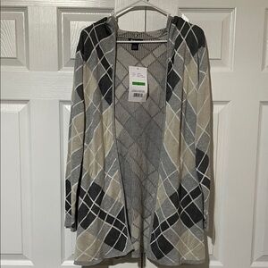 Plaid  Open-Front Hoodie Women Sweater - Gray and Cream